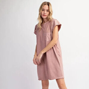 New Easel Mineral Washed Short Sleeve Cotton Dress Mauve Pink